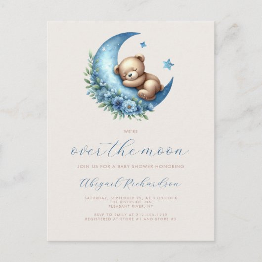 Over the Moon Teddy Bear Blue Boy Baby shower Briefkaart (Voorkant)