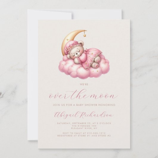 Over the Moon Teddy Bear Roze Meisje Baby shower Kaart (Voorkant)