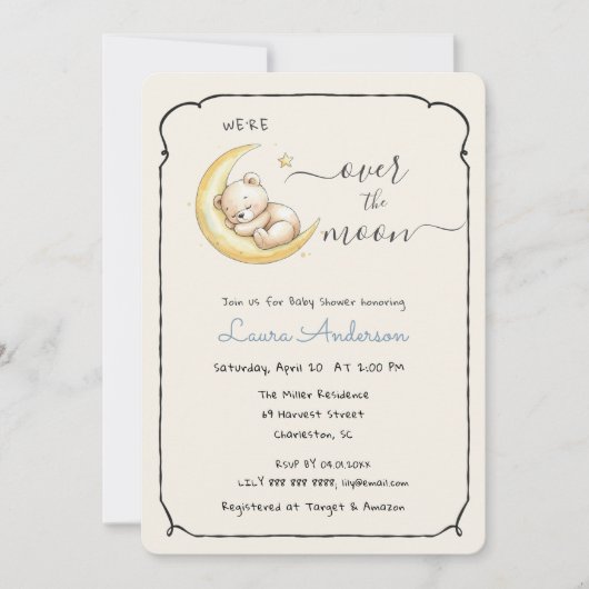 Over The Moon Teddybeer Babyshower Kaart (Voorkant)