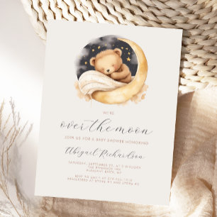 Over the Moon Teddybeer Neutral Boho Baby shower Briefkaart