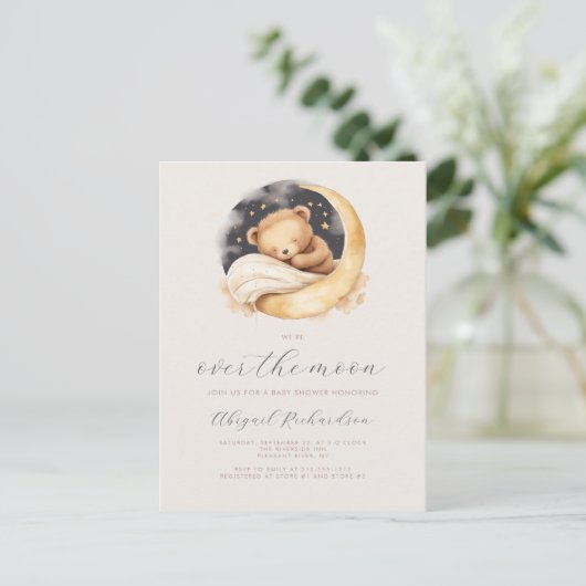 Over the Moon Teddybeer Neutral Boho Baby shower Briefkaart (Staand voorkant)