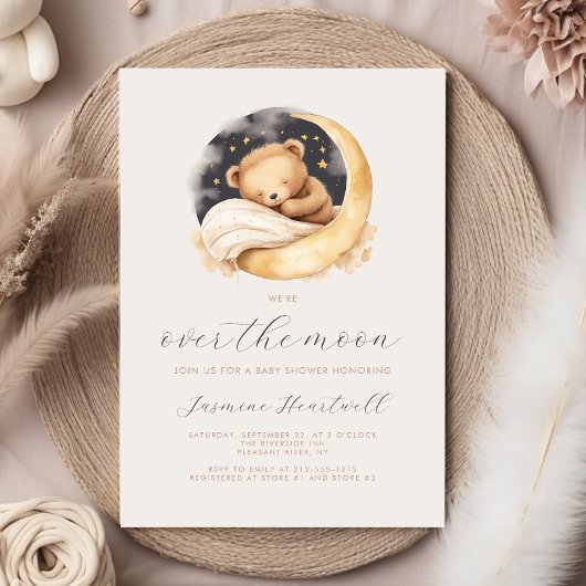 Over the Moon Teddybeer Neutral Boho Baby shower Kaart