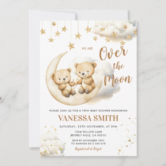 Over The Moon Twin Baby Shower Invitation Kaart (Voorkant)