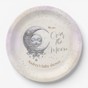 Over the Moon Unisex Paarse crème Baby shower Papieren Bordje