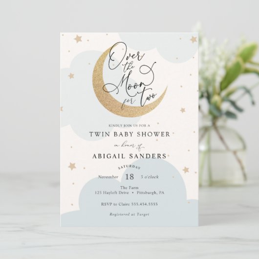 Over the Moon voor Two Twin Boys Baby shower Kaart (Staand voorkant)