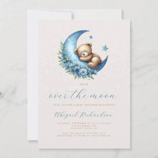 Over the Moon Waterverf Beer Blue Boy Baby shower Kaart (Voorkant)