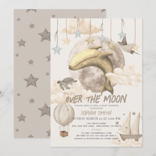 Over the Moon Whale Boho Baby shower Kaart (Voorkant / Achterkant)