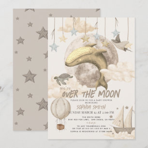 Over the Moon Whale Boho Baby shower Kaart