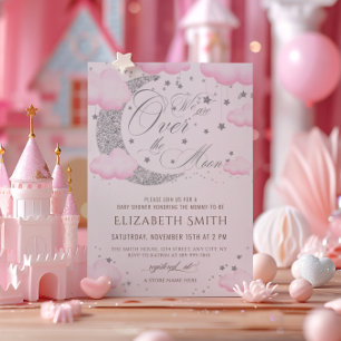Over the Moon Zilver Roze Baby shower Kaart
