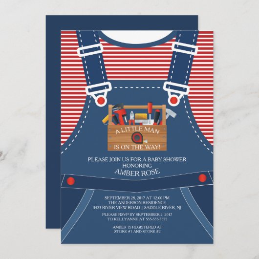 Overalls Little Man Tools Baby shower Invitation Kaart (Voorkant / Achterkant)