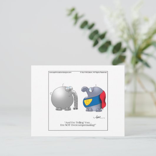 OVERCOMPENSERENDE Briefkaart Cartoon door April Mc (Staand voorkant)
