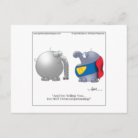 OVERCOMPENSERENDE Briefkaart Cartoon door April Mc (Voorkant)