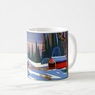Overdekte brug in de winter met skiër koffiemok