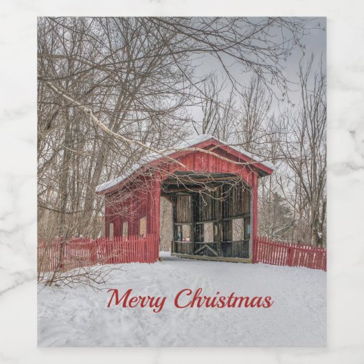 Overdekte brug Rode sneeuw Foto Kerstmis Wijn Etiket (Enkel label)