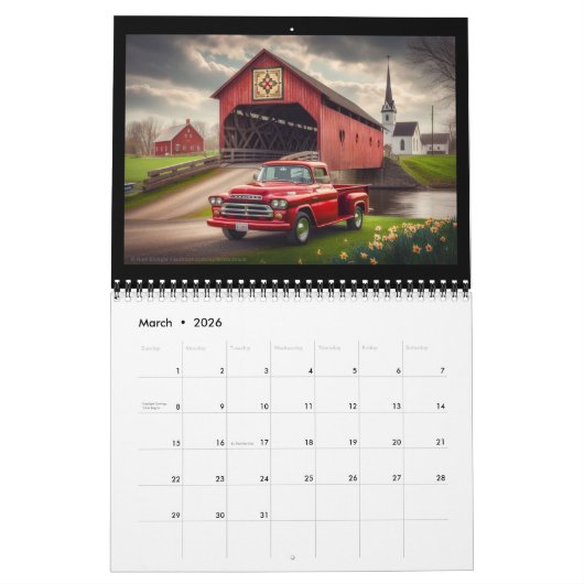 Overdekte bruggen, kerken en kleine rode vrachtwag kalender (Mar 2026)