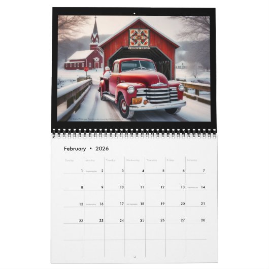 Overdekte bruggen, kerken en kleine rode vrachtwag kalender (Feb 2026)