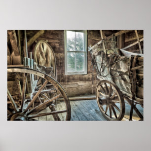 Overdekte wagen, houten wagenwiel poster
