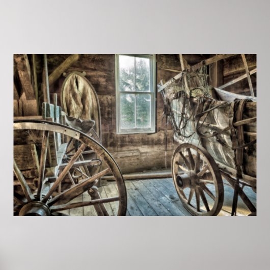 Overdekte wagen, houten wagenwiel poster (Voorkant)