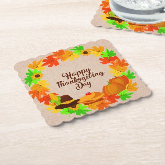 Overeenkomende set Thanksgiving Groen Gold Wreated Kartonnen Onderzetters (Gebogen)