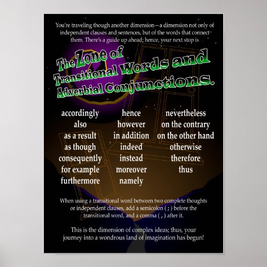 Overgangswoorden en adverbiale aansluitingen poster (Voorkant)
