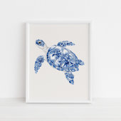 Overhead Zee Turtle – Coastal Blue op Beige Poster