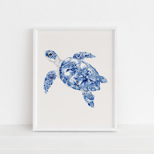 Overhead Zee Turtle – Coastal Blue op Beige Poster