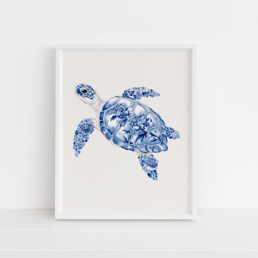 Overhead Zee Turtle – Coastal Blue op Beige Poster