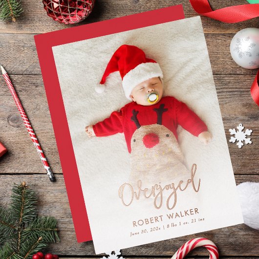 Overjoyed Baby Photo Christmas Birth Folie Feestdagenkaart