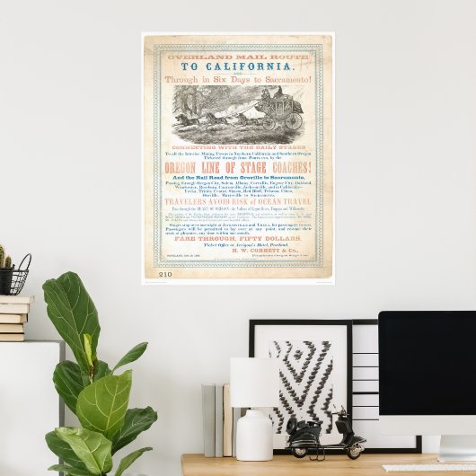 Overland Mail Route to CA 1866 (1257A) - Onherstel Poster (Thuiskantoor)