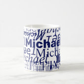 Overlappende donkerblauwe Namen gestempeld all-ove Koffiemok (Center)