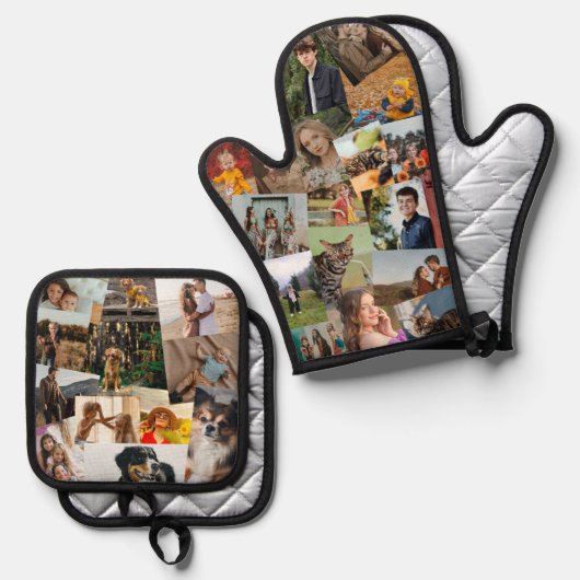 Overlappende fotocollage 29 foto's ovenwant & pannenlap set (Voorkant / Achterkant)