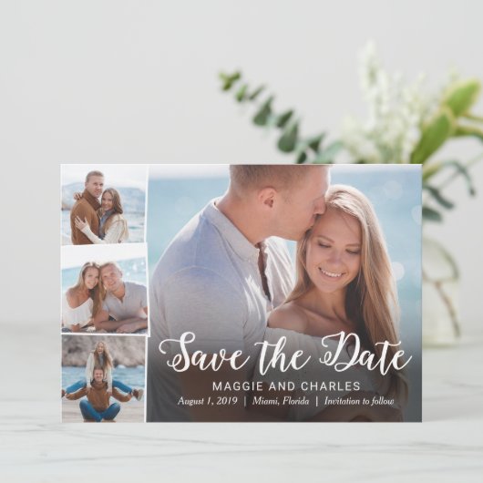 Overlappende foto's opslaan de datumkaart save the date (Staand voorkant)