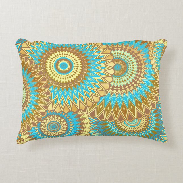 Overlappende Mandala Blauw Bruin Goud Accent Kussen (Voorkant)