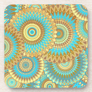 Overlappende Mandala Blauw Bruin Goud Bier Onderzetter