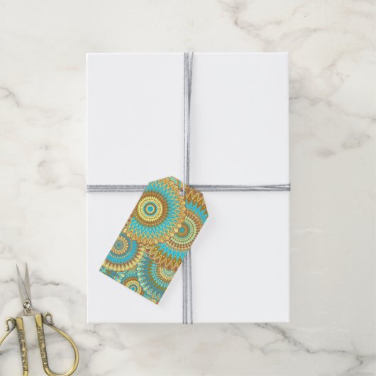 Overlappende Mandala Blauw Bruin Goud Cadeaulabel (Met Touw)