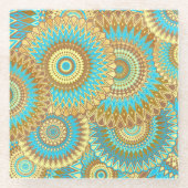 Overlappende Mandala Blauw Bruin Goud Glazen Onderzetter (Voorkant)