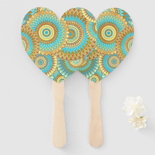 Overlappende Mandala Blauw Bruin Goud Handwaaier (Voorkant en achterkant)