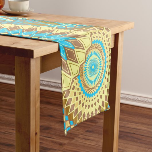 Overlappende Mandala Blauw Bruin Goud Korte Tafelloper (Voorbeeld)
