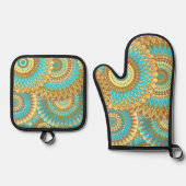 Overlappende Mandala Blauw Bruin Goud Ovenwant & Pannenlap Set (Voorkant)
