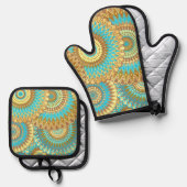 Overlappende Mandala Blauw Bruin Goud Ovenwant & Pannenlap Set (Voorkant / Achterkant)