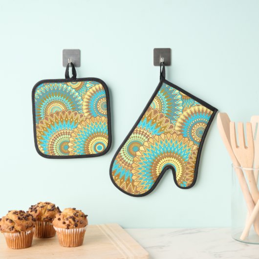 Overlappende Mandala Blauw Bruin Goud Ovenwant & Pannenlap Set (Insitu(Ophanging))
