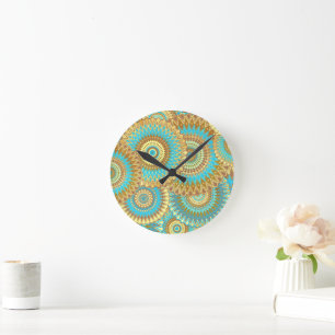Overlappende Mandala Blauw Bruin Goud Ronde Klok