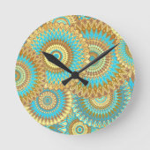 Overlappende Mandala Blauw Bruin Goud Ronde Klok (Voorkant)