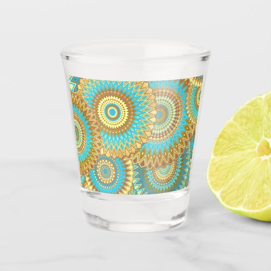 Overlappende Mandala Blauw Bruin Goud Shot Glas (Voorkant)