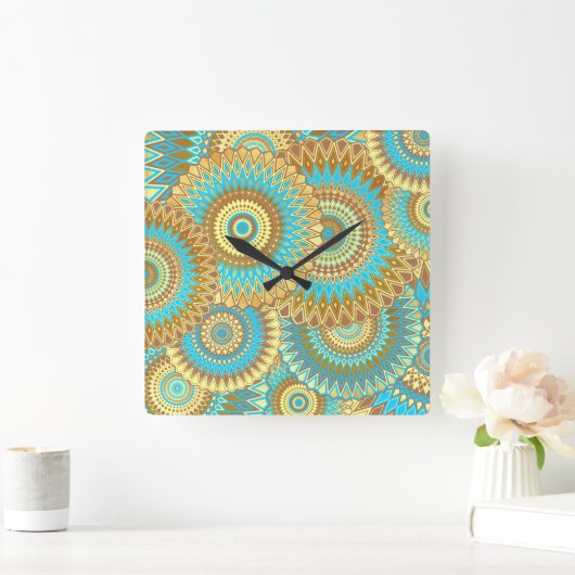 Overlappende Mandala Blauw Bruin Goud Vierkante Klok (Huis)