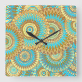 Overlappende Mandala Blauw Bruin Goud Vierkante Klok (Voorkant)