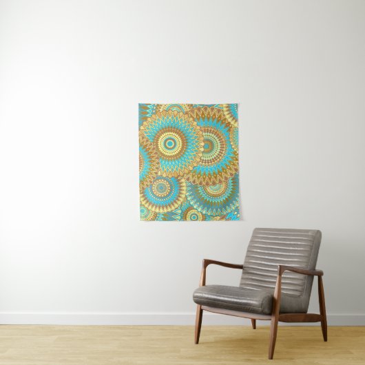 Overlappende Mandala Blauw Bruin Goud Wandkleed (In situ)