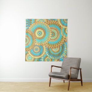 Overlappende Mandala Blauw Bruin Goud Wandkleed
