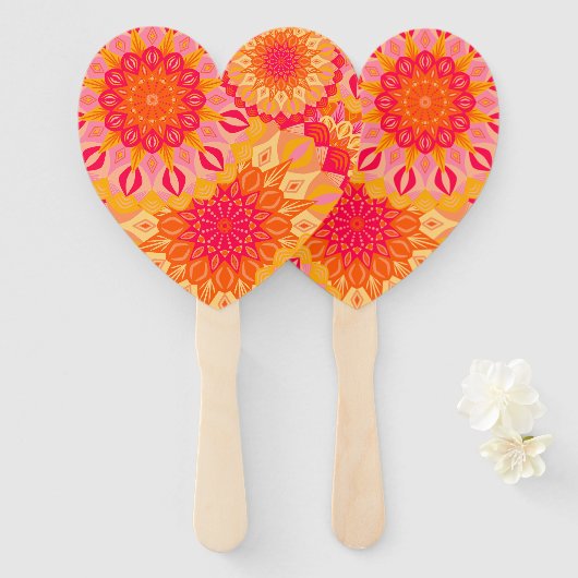 Overlappende Mandala Oranje Roze Geel Handwaaier (Voorkant en achterkant)