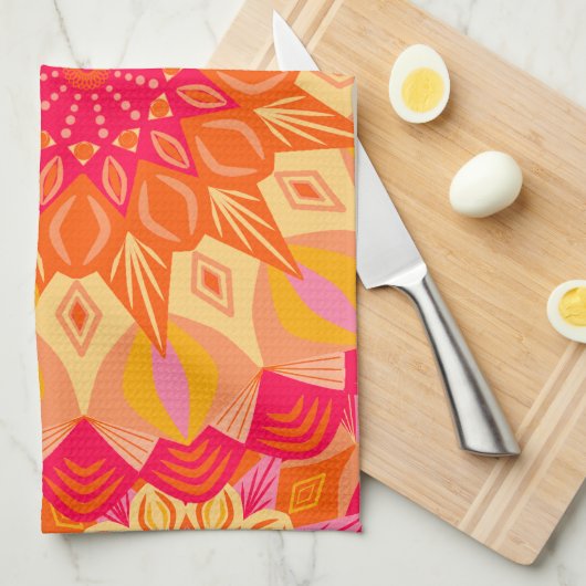 Overlappende Mandala Oranje Roze Geel Theedoek (Quarter Fold)